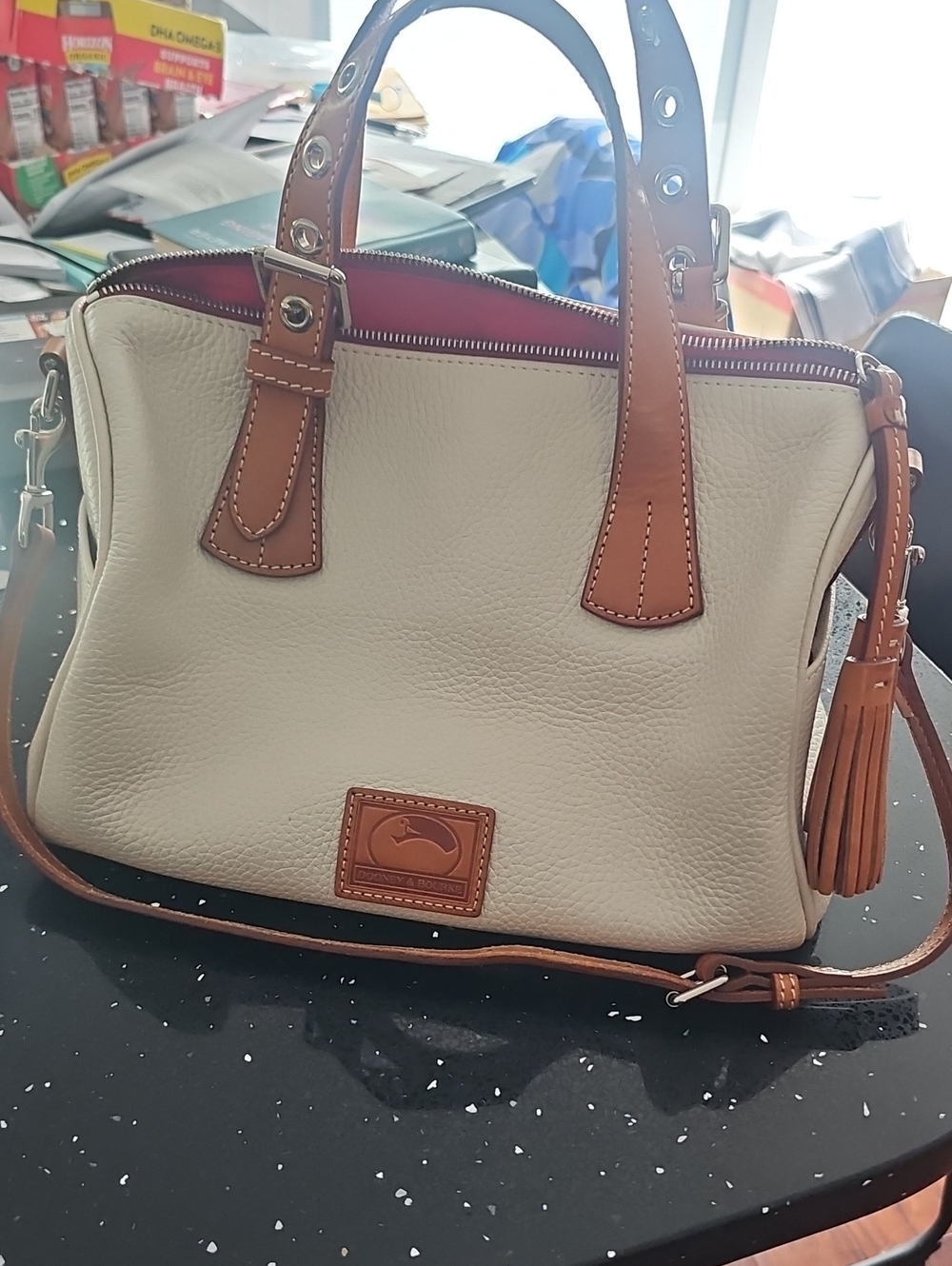 Dooney & Bourke Cream Satchel with Tan Trim and Tassel